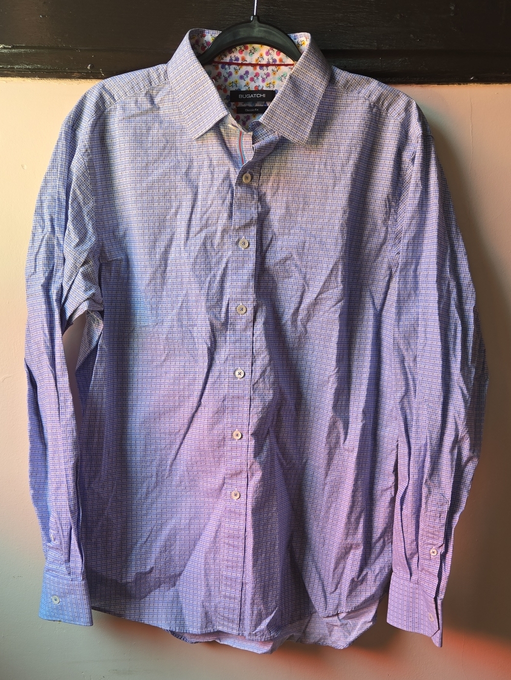 BUGATCHI - Men's L Blue and White Checked Patterned Button-Up Dress Shirt